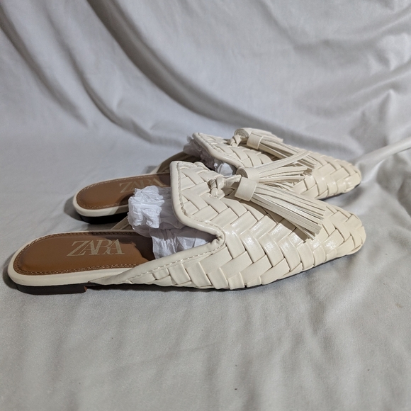 NWT Zara Women Off White Mule Clog Suede Tassel Woven Flat Eur 37 US 6.5 - Picture 3 of 7